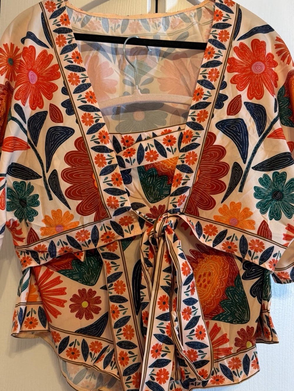 Floral Tie-Front Skort in Cream with Orange & Green Print
